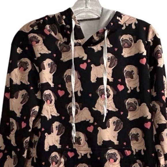 Youth XL Pug Print Hoodie Sweatshirt Unisex Kids Multicolor Pullover - Picture 3 of 7